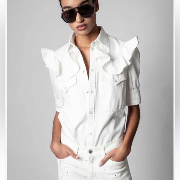 Zadig & Voltaire Toky Ruffle Denim Shirt Flawed, size XS - Picture 1 of 14